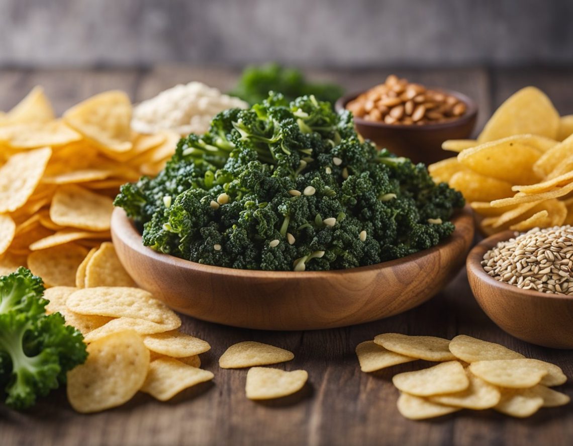 A variety of low-carb, high-fiber chips spread out on a table, including options like kale chips, flaxseed chips, and almond flour chips